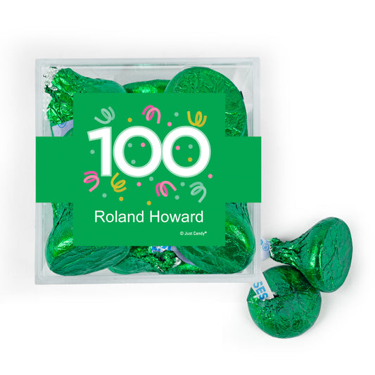 Personalized Milestone 100th Birthday Confetti JUST CANDY favor cube with Hershey's Kisses