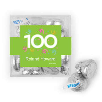 Personalized Milestone 100th Birthday Confetti JUST CANDY favor cube with Hershey's Kisses