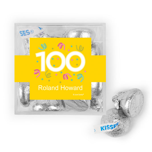 Personalized Milestone 100th Birthday Confetti JUST CANDY favor cube with Hershey's Kisses