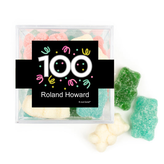 Personalized Milestones 100th Birthday Confetti JUST CANDY® favor cube with Sugar Sanded Gummy Bears