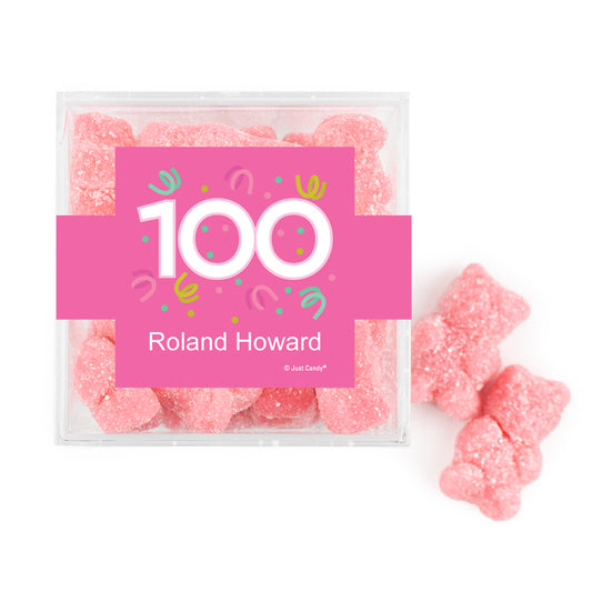 Personalized Milestones 100th Birthday Confetti JUST CANDY® favor cube with Sugar Sanded Gummy Bears