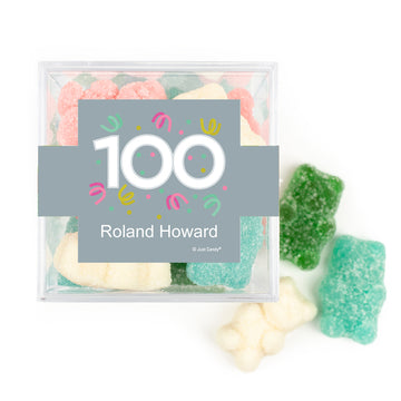 Personalized Milestones 100th Birthday Confetti JUST CANDY favor cube with Sugar Sanded Gummy Bears