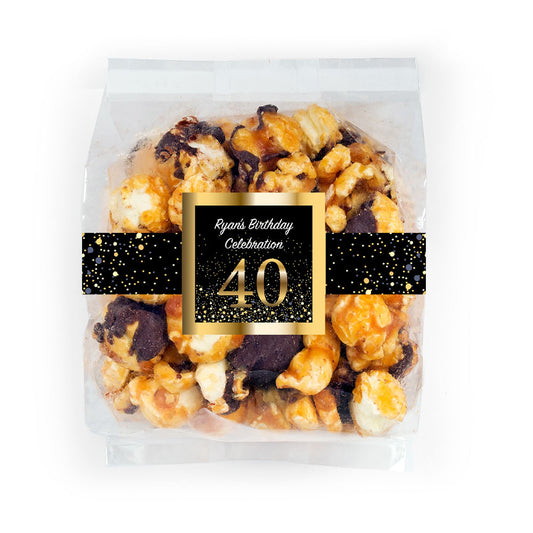 Personalized Milestone 40th Birthday Bash Chocolate Caramel Sea Salt Gourmet Popcorn 3.5 oz Bag