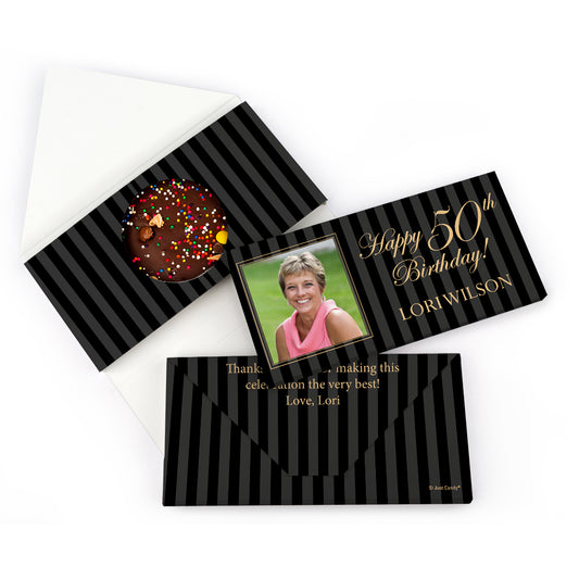 Personalized Milestone Birthday 50th Photo Pinstripes Gourmet Infused Belgian Chocolate Bars (3.5oz)