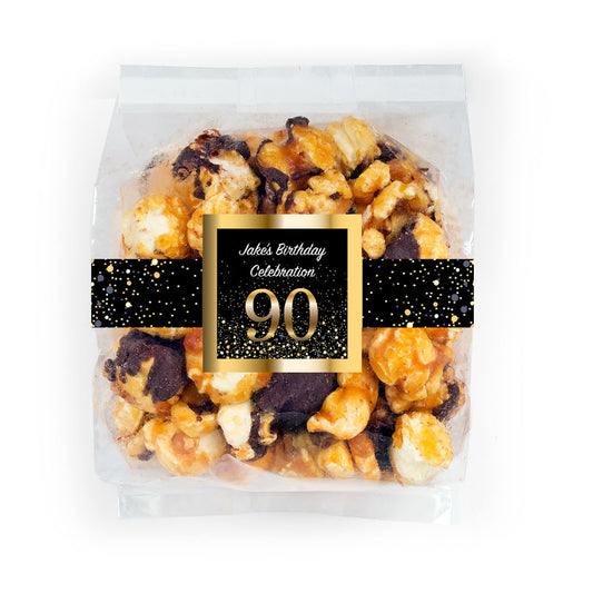 Personalized Milestone 90th Birthday Bash Chocolate Caramel Sea Salt Gourmet Popcorn 3.5 oz Bag