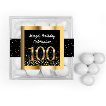 Personalized Milestone 100th Elegant Birthday Bash JUST CANDY favor cube with Just Candy Milk Chocolate Minis