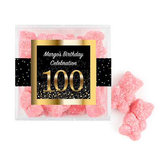 Personalized Milestones 100th Elegant Birthday Bash JUST CANDY® favor cube with Sugar Sanded Gummy Bears