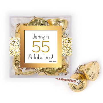 Personalized Birthday Glimmering Gold JUST CANDY favor cube with Hershey's Kisses