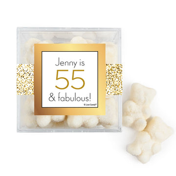 Personalized Birthday Glimmering Gold JUST CANDY favor cube with Sugar Sanded Gummy Bears