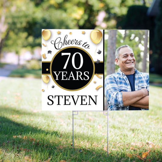 70th Birthday Yard Sign and Stake Personalized - Milestone Cheers with Photo