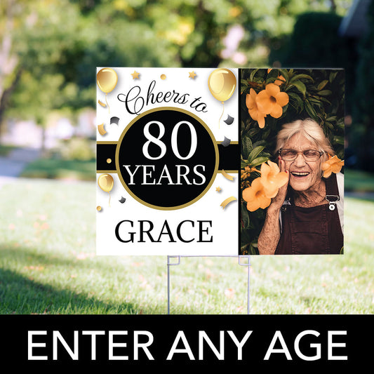 80th Birthday Yard Sign and Stake Personalized - Milestone Cheers with Photo