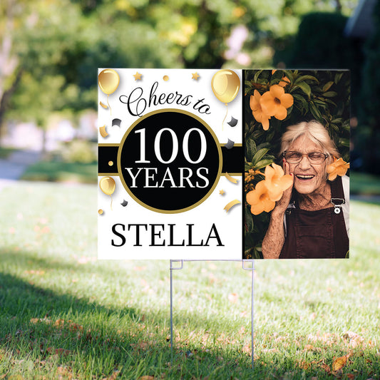100th Birthday Yard Sign and Stake Personalized - Milestone Cheers with Photo