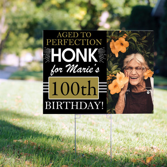 100th Birthday Yard Sign and Stake Personalized - Aged to Perfection with Photo
