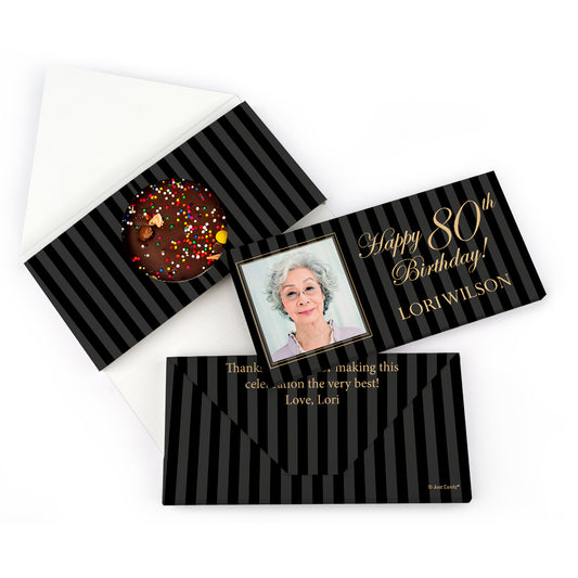 Personalized Milestone Birthday 80th Photo Pinstripes Gourmet Infused Belgian Chocolate Bars (3.5oz)