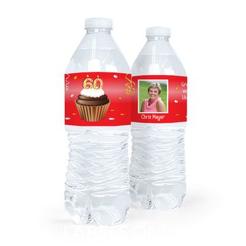 Personalized Milestones Birthday 60th Cupcake Water Bottle Sticker Labels (5 Labels)