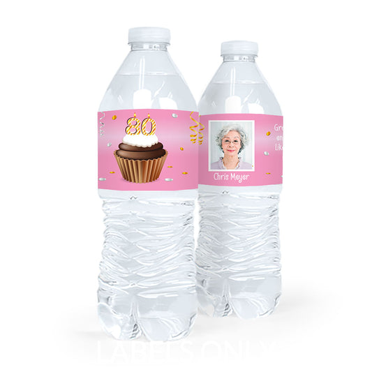 Personalized Milestones Birthday 80th Cupcake Water Bottle Sticker Labels (5 Labels)
