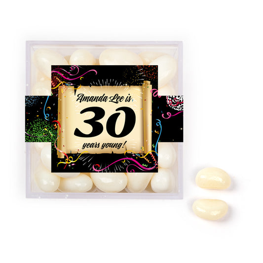 Personalized Milestones 30th Birthday Confetti Scroll JUST CANDY® favor cube with Jelly Belly Jelly Beans
