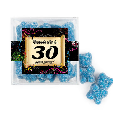 Personalized Milestones 30th Birthday Confetti Scroll JUST CANDY favor cube with Sugar Sanded Gummy Bears