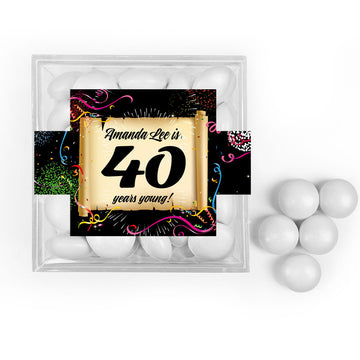 Personalized Milestone 40th Birthday Confretti Scroll JUST CANDY favor cube with Just Candy Milk Chocolate Minis