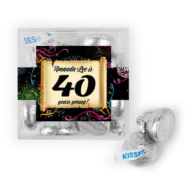 Personalized Milestone 30th Birthday Confetti Scroll JUST CANDY favor cube with Hershey's Kisses