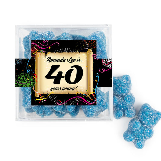 Personalized Milestones 40th Birthday Confetti Scroll JUST CANDY® favor cube with Sugar Sanded Gummy Bears