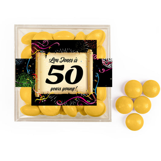 Personalized Milestone 50th Birthday Confretti Scroll JUST CANDY® favor cube with Just Candy Milk Chocolate Minis