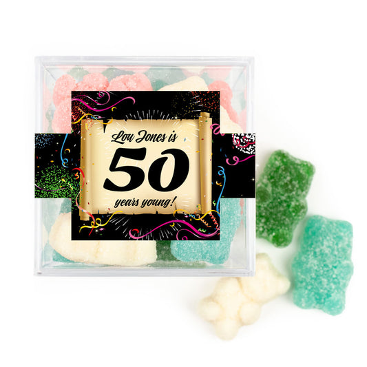 Personalized Milestones 50th Birthday Confetti Scroll JUST CANDY® favor cube with Sugar Sanded Gummy Bears
