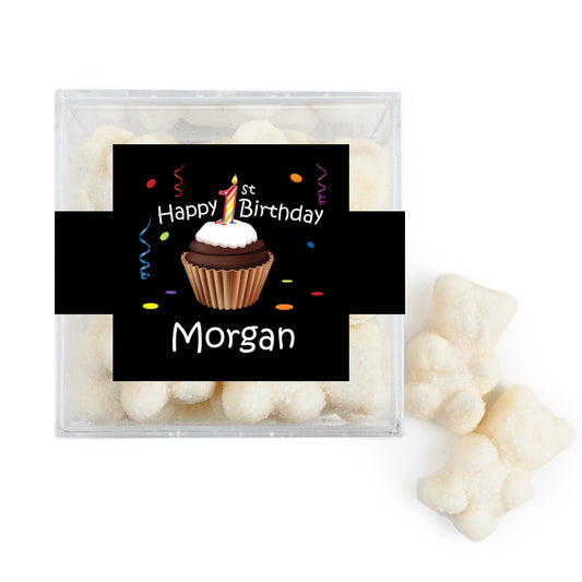 Personalized First Birthday JUST CANDY® favor cube with Sugar Sanded Gummy Bears Cupcake