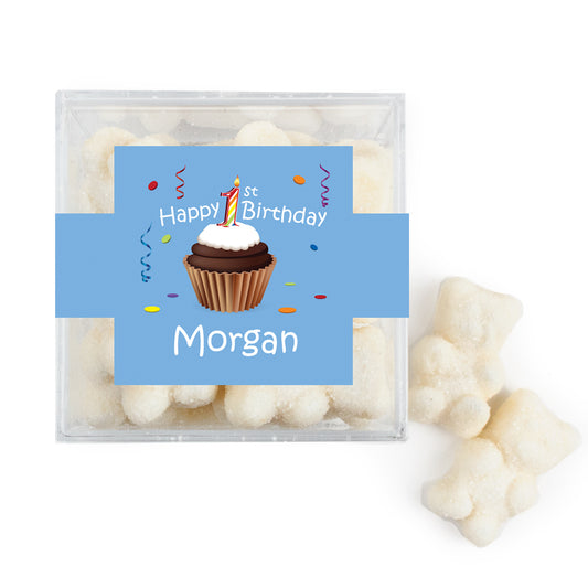 Personalized First Birthday JUST CANDY® favor cube with Sugar Sanded Gummy Bears Cupcake