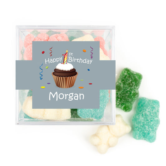 Personalized First Birthday JUST CANDY favor cube with Sugar Sanded Gummy Bears Cupcake