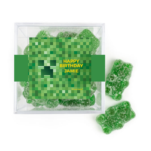 Personalized Minecraft Creeper Birthday JUST CANDY® favor cube with Sugar Sanded Gummy Bears