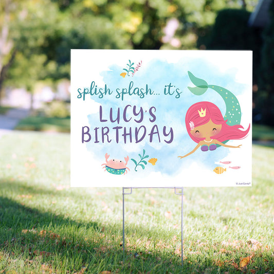 Personalized Kids Birthday Watercolor Mermaid Yard Sign and Stake