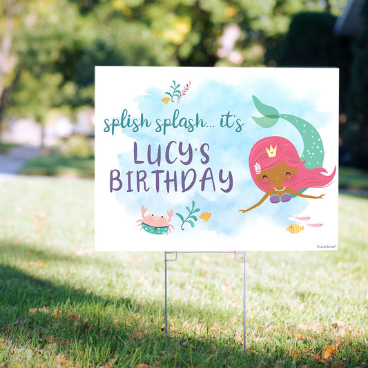Personalized Kids Birthday Watercolor Mermaid Yard Sign and Stake