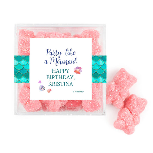 Personalized Mermaid Birthday JUST CANDY® favor cube with Sugar Sanded Gummy Bears Mermaid Tails