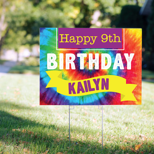 Birthday Yard Sign and Stake Personalized - Tie-Dye Rainbow