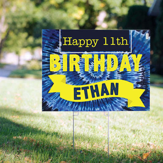 Birthday Yard Sign and Stake Personalized - Tie-Dye Blue