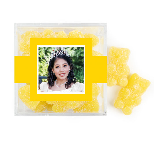 Personalized Quienceanera JUST CANDY favor cube with Sugar Sanded Gummy Bears Photo