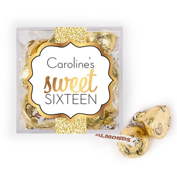 Personalized Sweet 16 Birthday Shower of Gold JUST CANDY favor cube with Hershey's Kisses