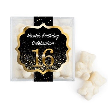Personalized Sweet 16 Elegant Birthday Bash JUST CANDY favor cube with Sugar Sanded Gummy Bears