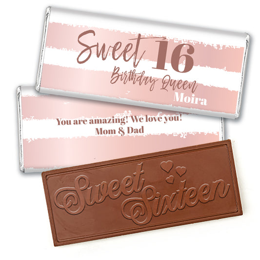 Personalized Sweet 16 Rose Gold Stripes Belgian Embossed Chocolate Bar