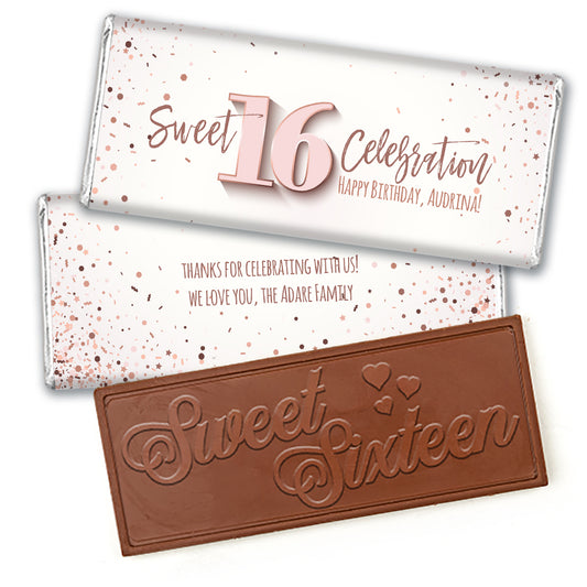 Personalized Sweet 16 Rose Gold Confetti Embossed Belgian Chocolate Bar