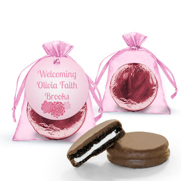 Personalized Girl Birth Announcement Pink Flowers Chocolate Covered Oreo Organza Bag