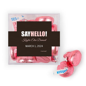 Personalized Girl Birth Announcement Say Hello! JUST CANDY favor cube with Hershey's Kisses