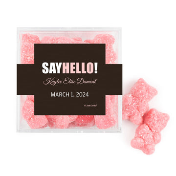 Personalized Girl Birth Announement Say Hello! JUST CANDY favor cube with Sugar Sanded Gummy Bears