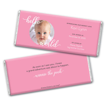 Personalized Hello World Baby Girl Birth Announcement Hershey's Hershey's Milk Chocolate Bar & Wrapper