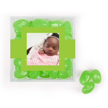 Personalized Girl Birth Announcement Hello World! JUST CANDY favor cube with Jelly Belly Jelly Beans