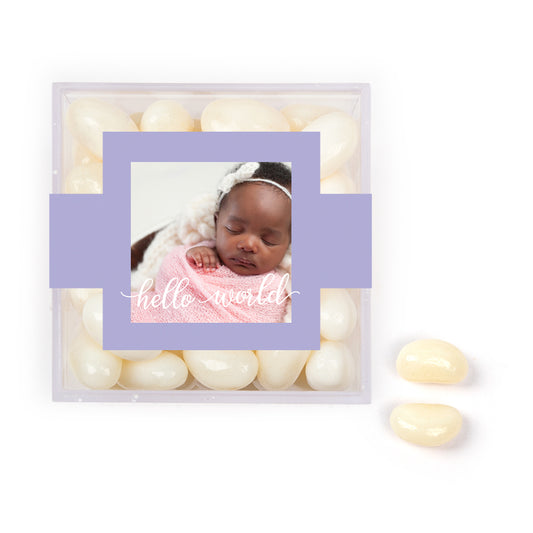 Personalized Girl Birth Announcement Hello World! JUST CANDY® favor cube with Jelly Belly Jelly Beans