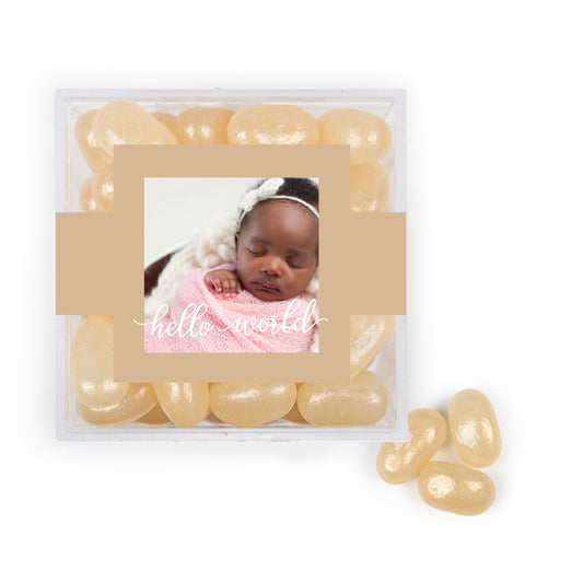 Personalized Girl Birth Announcement Hello World! JUST CANDY favor cube with Jelly Belly Jelly Beans