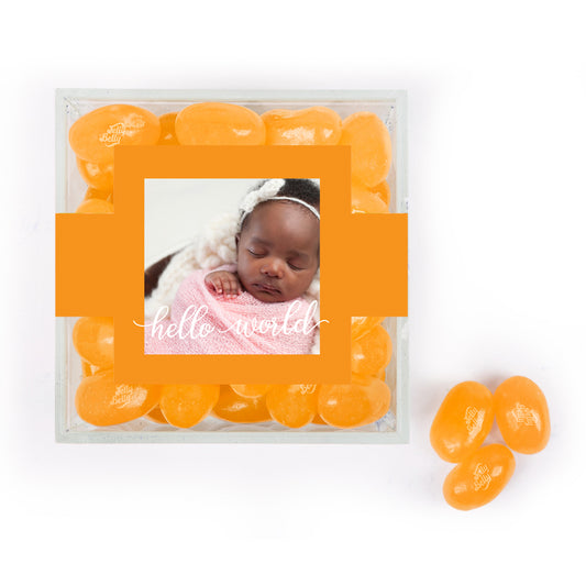 Personalized Girl Birth Announcement Hello World! JUST CANDY® favor cube with Jelly Belly Jelly Beans