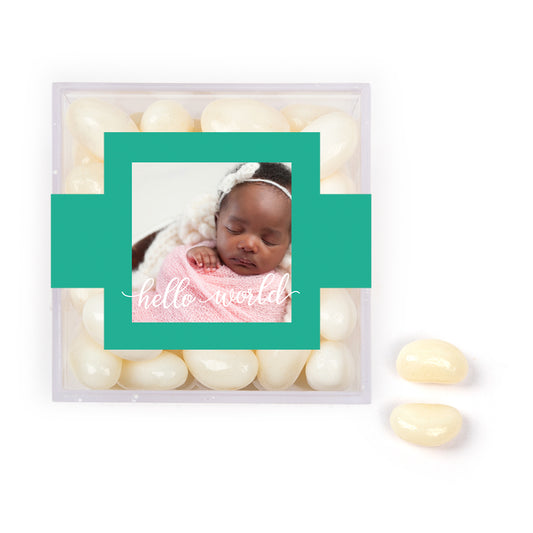 Personalized Girl Birth Announcement Hello World! JUST CANDY favor cube with Jelly Belly Jelly Beans